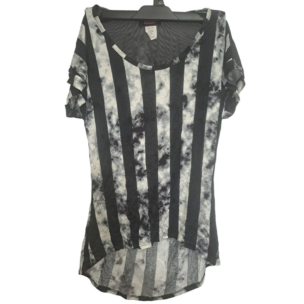 Krush Black/White Size Medium Short Sleeve Open Back Sheer Back Shoulders Top